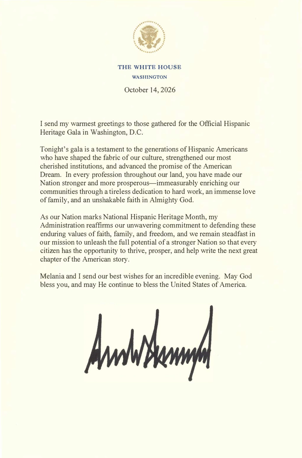 Letter from President Donald J. Trump to the Official Hispanic Heritage Gala, dated October 14, 2026
